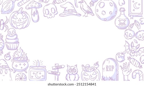 Halloween minimalist background, horizontal poster or banner with spooky, scary icons. Flat vector illustration, monochrome purple frame, space for text. For greeting card, party, invitation, holiday