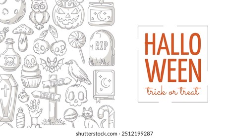 Fondo minimalista de Halloween, cartel Horizontal con espeluznantes, aterradores iconos. Ilustración vectorial plana, marco lateral gris monocromo, espacio para texto. Para la tarjeta de felicitación, partido, invitación, día de fiesta, Anuncio