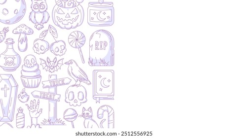 Halloween minimalist background, horizontal poster with spooky, scary icons. Flat vector illustration, monochrome purple side frame, space for text. For greeting card, party, invitation, banner