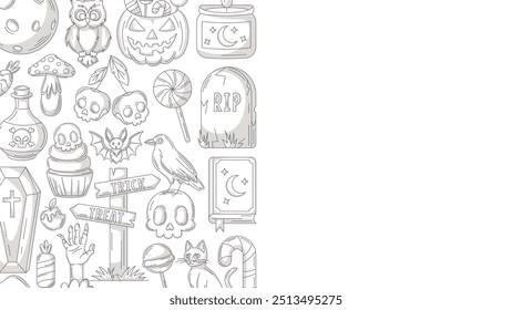 Fondo minimalista de Halloween, cartel Horizontal con espeluznantes, aterradores iconos. Ilustración vectorial plana, marco de borde lateral gris monocromo, espacio para texto. Para la tarjeta de felicitación, partido, invitación, Anuncio