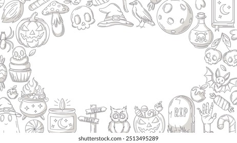 Fondo minimalista de Halloween, cartel Horizontal o Anuncio con espeluznantes, aterradores iconos. Ilustración vectorial plana, marco gris monocromo, espacio para texto. Para la tarjeta de felicitación, partido, invitación, día de fiesta