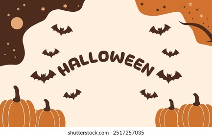 Halloween Minimalist Background with Pumpkins, Bats, and Moon