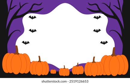 Halloween Minimalist Background with Pumpkins, Bats, and Moon