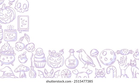Halloween minimalist banner, horizontal background with spooky, scary icons. Flat vector illustration, monochrome purple corner border frame, space for text. For festival, party, invitation, poster