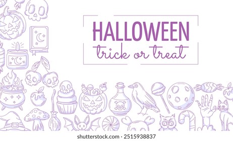 Halloween minimalist banner, horizontal background with spooky, scary icons. Flat vector illustration, monochrome purple corner border frame, holiday text. For festival, party, invitation, poster