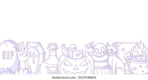 Halloween minimalist banner, horizontal background with spooky, scary purple icons, bottom frame, space for text. Flat vector illustration. For greeting card, festival, party, invitation, poster