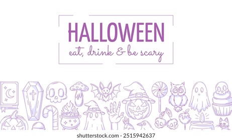 Halloween minimalist banner, horizontal background with spooky, scary icons. Flat vector illustration, monochrome purple bottom border frame, holiday text. For postcard, party, invitation, poster