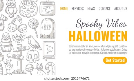 Halloween minimalistische Landing Page Vektorvorlage. Ferienwohnung Seitenrahmen mit Grabstein, Zauberbuch, Rabe, Totenkopf Form Kirsche, Fledermaus, Eule, Zombie Hand, Kürbis. Für Website, Webseite, online, Banner