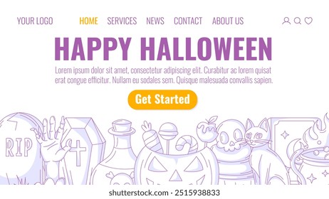 Halloween minimalist landing page vector template. Holiday flat bottom frame. Scary, spooky purple icons. Tombstone, coffin, zombie hand, pumpkin, sweets. For website, web page, online, banner, party.