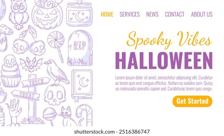 Halloween minimalistische Landing Page Vektorvorlage. Ferienwohnung Seitenrahmen mit Grabstein, Zauberbuch, Rabe, Totenkopf Form Kirsche, Fledermaus, Zombie Hand, Kürbis Ikonen. Für Website, Webseite, online, Banner