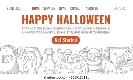 Halloween minimalistische Landing Page Vektorvorlage. Holiday flachen unteren Rahmen, gruselig, gruselige Symbole. Tombstone, Sarg, Zombie-Hand, Kürbis, Süßigkeiten, Katze. Für Website, Webseite, Online, Banner, Party.