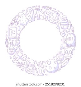 Halloween minimalist vector design, round frame with space for text in the middle. Geometric shape with spooky icons. Flat illustration for greeting card, invitation, print, social media, poster