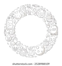 Halloween minimalist vector design, round frame with space for text in the middle. Geometric shape with spooky gray icons. Flat illustration for greeting card, invitation, print, social media, poster