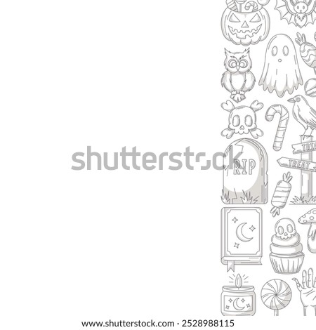 Halloween minimalist vector square poster, space for text. Right side frame with spooky, scary gray icons from pumpkin, ghost, spell book. For card, banner, invitation, social media, party or note