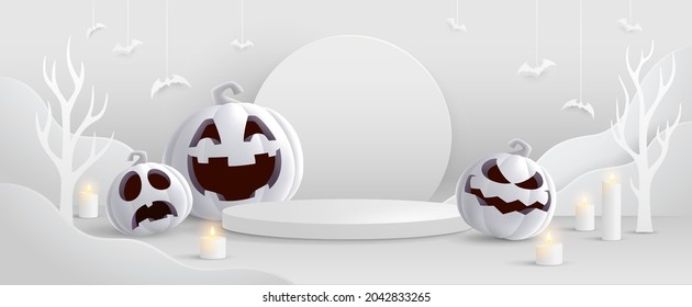 Halloween minimalist white theme product display podium on paper graphic background with group of 3D illustration Jack O lantern pumpkin and candle light.