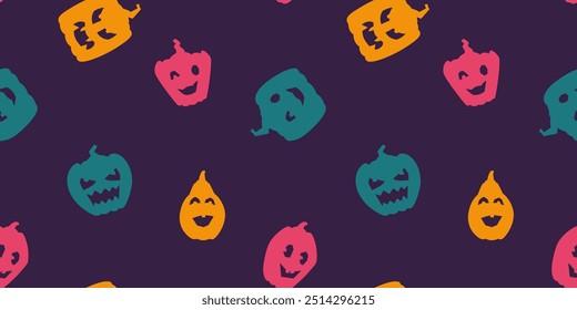 Halloween minimalistic flat seamless vector pattern with carved pumpkins on dark background.