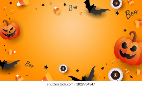 Halloween mockup design frame with pumpkin, color candy, big eye, bats on orange background. Horizontal holiday poster, header for website. Flat lay, top view with copy space
