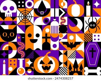 Halloween modern abstract bauhaus geometric pattern, features bold shapes, vibrant colors, and clean lines, merging spooky elements such as skull, pumpkin, ghost and castle, bat, coffin or spider web