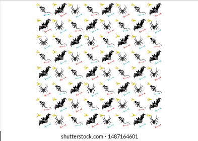 Halloween modern animal pattern with bat, spider and rat arranged diagonally with white background