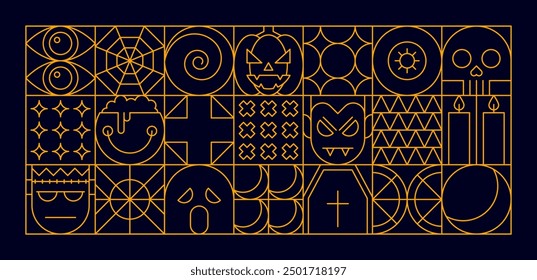 Fondo de patrón geométrico moderno de Halloween para la noche de terror de vacaciones, Vector abstracto. Patrón de Halloween en línea geométrica de fantasma de boo con monstruo de calabaza, cráneo y telaraña con ataúd muerto