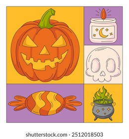 Halloween modern geometric square poster with spooky elements from pumpkin, candle, scull, candy, cauldron with magic potion. Trendy holiday vector illustration for postcard, banner, social media