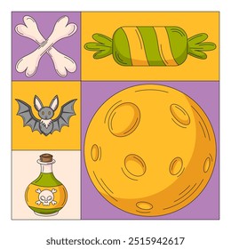 Halloween modern geometric square poster with spooky elements from bones, magic potion in bottle, moon, bat, sweet candy. Trendy colorful vector illustration for postcard, banner, social media, cover
