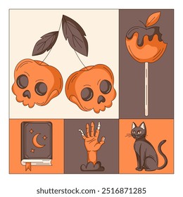 Halloween modernes geometrisches quadratisches Poster mit unheimlichen Elementen. Totenkopf Form Kirsche, Zauberbuch, Katze, süßer Apfel, Zombie Hand. Trendy minimalistische Vektorgrafik für Postkarte, Banner, Social Media.