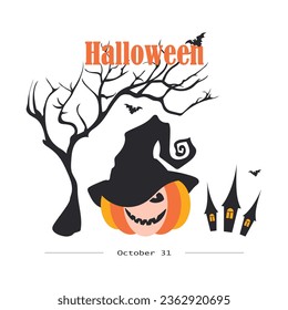 Halloween. Modern international holiday with pumpkins, bats, horror stories on a white background on October 31st. Vector.