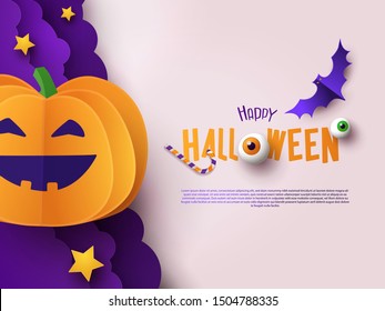 Halloween modern minimalistic design template for Website, greeting or promo banner, flyer, poster in paper cut style with cutest pumpkin and other traditional Halloween elements on light background. 