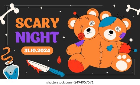 Halloween modern minimalistic design template for Website, greeting or promo banner, flyer, poster in flat style with voodoo dooll bear and other traditional Halloween elements on dark background