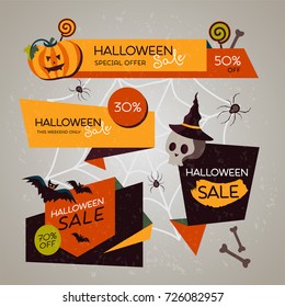 Halloween modern sale banners. Vector illustration. Halloween geometric banner template with flat icons. Place for your text message. Banners set with skull in a witch hat, spider web and pumpkin.