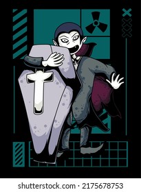 Halloween modern vector illustration, vampire illustration, casket, with streetwear background, perfect for printing t-shirts, apparel, halloween merchandise.