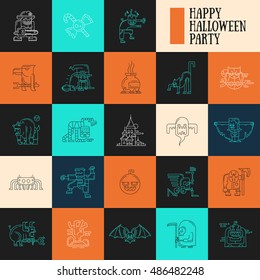 Halloween - modern vector line design characters icons set. Funny scary clown, candies, zombie, witch, cemetery, vampire, werewolf, mummy, ghoul, devil ghost skeleton, spider, pumpkin, raven, cat