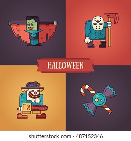 Halloween - modern vector line flat design characters icons set. Funny scary vampire, clown, candies