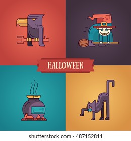 Halloween - modern vector line flat design characters icons set. Funny scary raven, witch, pot, cat