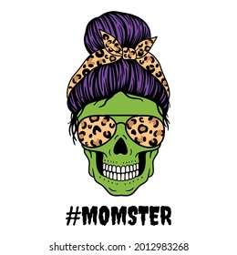 Halloween mom. Female skull with aviator glasses bandana and leopard print. Mom skull with messy bun. Vector illustration.  Isolated on white background.