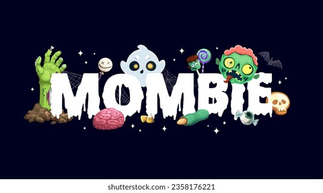 Halloween mombie vector banner with spooky holiday ghost and zombie emojis. Cartoon trick or treat candies, bat and hand, skull and witch finger cookies, eyeball and candy corn, mom zombie poster