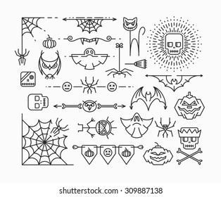 Halloween mono line icons. Horror theme corners, dividers and design elements set. Outline isolated empty objects. 