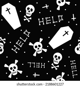 Halloween monochrome background. Repeating texture with skull and crossbones, coffin, words Hell and Help. Black and white graphic, seamless pattern