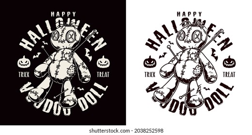 Halloween monochrome badge in vintage style with voodoo dolls letterings scary pumpkins and bats isolated vector illustration