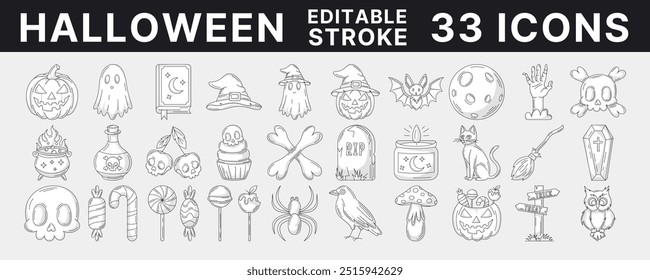 Halloween monochrome schwarze Linie Symbole gesetzt, Vektorgrafik, bearbeitbare Strich und Farbe. Oktober gruselige, gespenstische Sammlung. Kürbis, Süßigkeiten, Geist, Zauberbuch, Hexenhut, Schädel und Knochen, Zombie-Hand