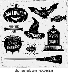 Halloween monochrome elements with quotes set of holiday attributes traditional sayings on textural background isolated vector illustration  