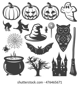 Halloween monochrome elements set with lantern of jack witch haunted house creepy forest cauldron isolated vector illustration 