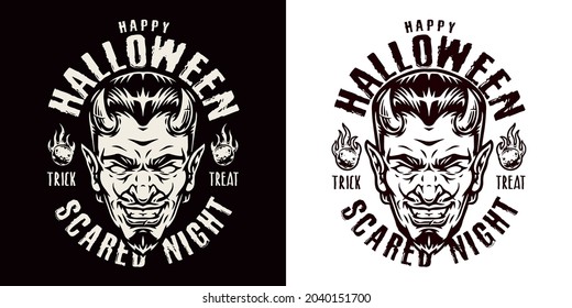 Halloween monochrome emblem in vintage style with spooky horned devil head fireballs and inscriptions isolated vector illustration