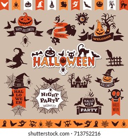 Halloween monochrome emblems for decoration. Vector collection halloween elements for holiday party