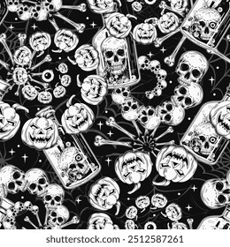 Halloween monochrome pattern with bottle with poisonous potion, fractal spirals with human skull, pumpkin head, bones. Grunge distorted silhouette of spider web behind. Vintage style.