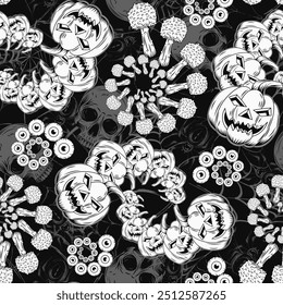 Halloween monochrome pattern with human skull, pumpkin head, fractal spirals with mushroom fly agaric, eyeballs. Grunge distorted silhouette of spider web with spiders behind.