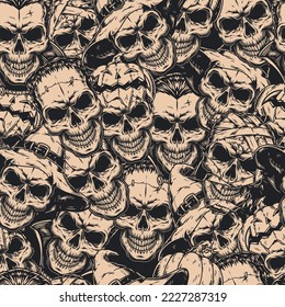 Halloween monochrome pattern seamless vintage scary monster faces and skulls with Jack-o-lantern pumpkins for festive night out party vector illustration