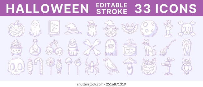 Halloween monochrome purple line icons set, vector illustration, editable stroke, color. October scary, spooky collection. Pumpkin, sweets, ghost, spell book, witch hat, skull and bones, zombie hand