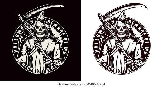 Halloween monochrome round emblem in vintage style with creepy grim reaper in hood with scythe isolated vector illustration